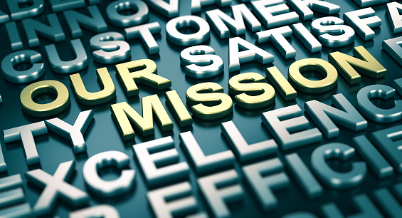 3D illustration of a company mission statement with blur effect and many positive words surrounding the main text